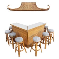 Mid-century James Mount Style Stacked Rattan Corner Bar w/ Asian Xie Shan Roof