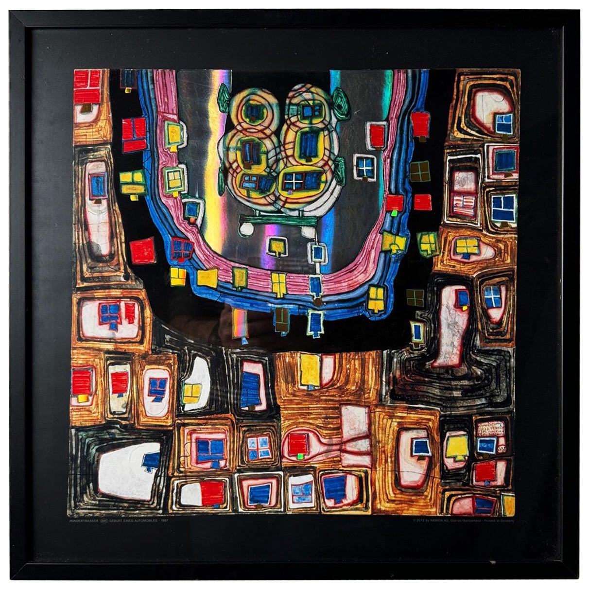 Geburt eines Automobils, Folie geprägtes Poster von Hundertwasser 1987, gerahmt