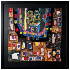 Geburt eines Automobils, Folie geprägtes Poster von Hundertwasser 1987, gerahmt