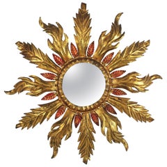 Spanish Gilt Iron Sunburst Mirror with Red Accents, Hollywood Regency