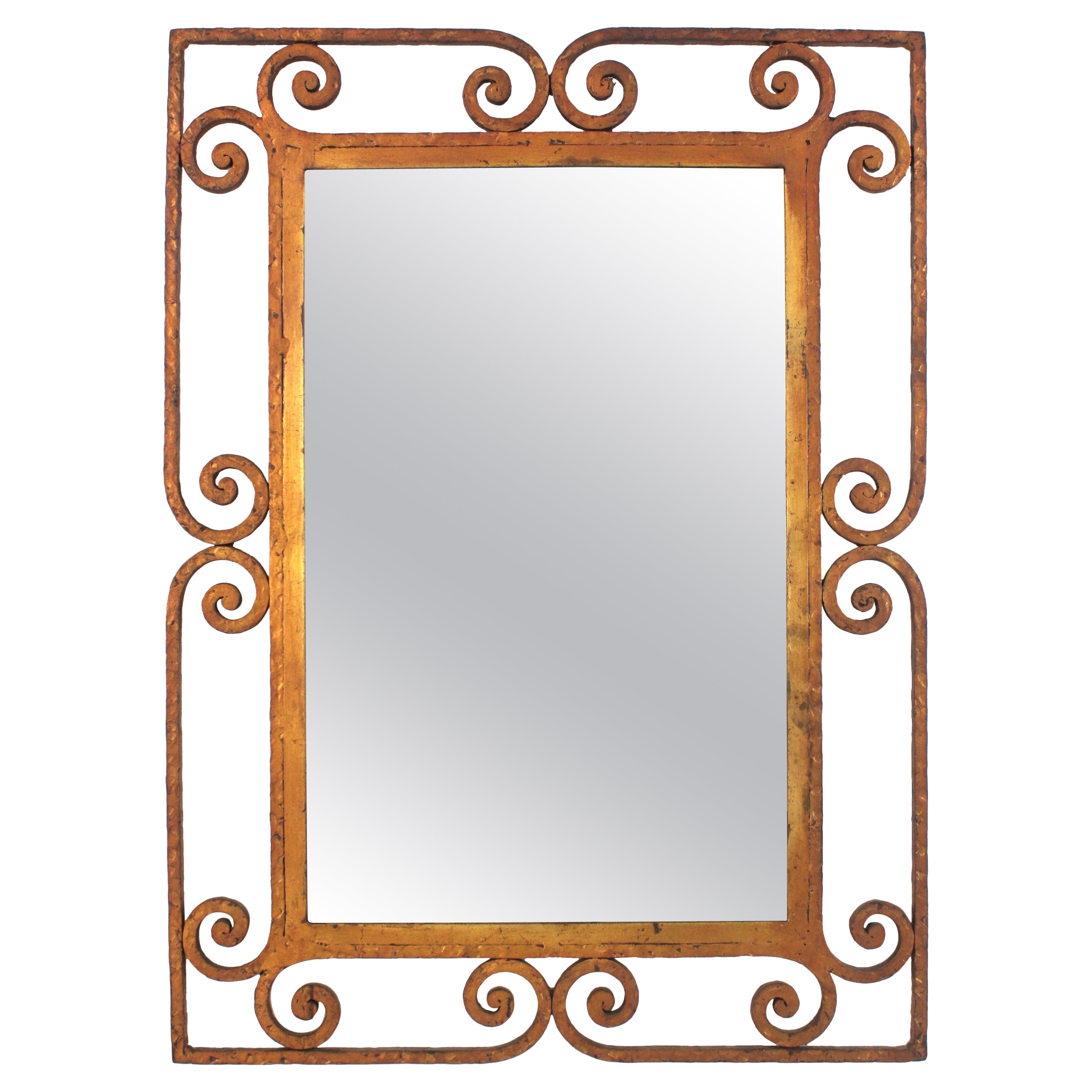 Spanish Rectangular Mirror in Gilt Wrought Iron, 1940s