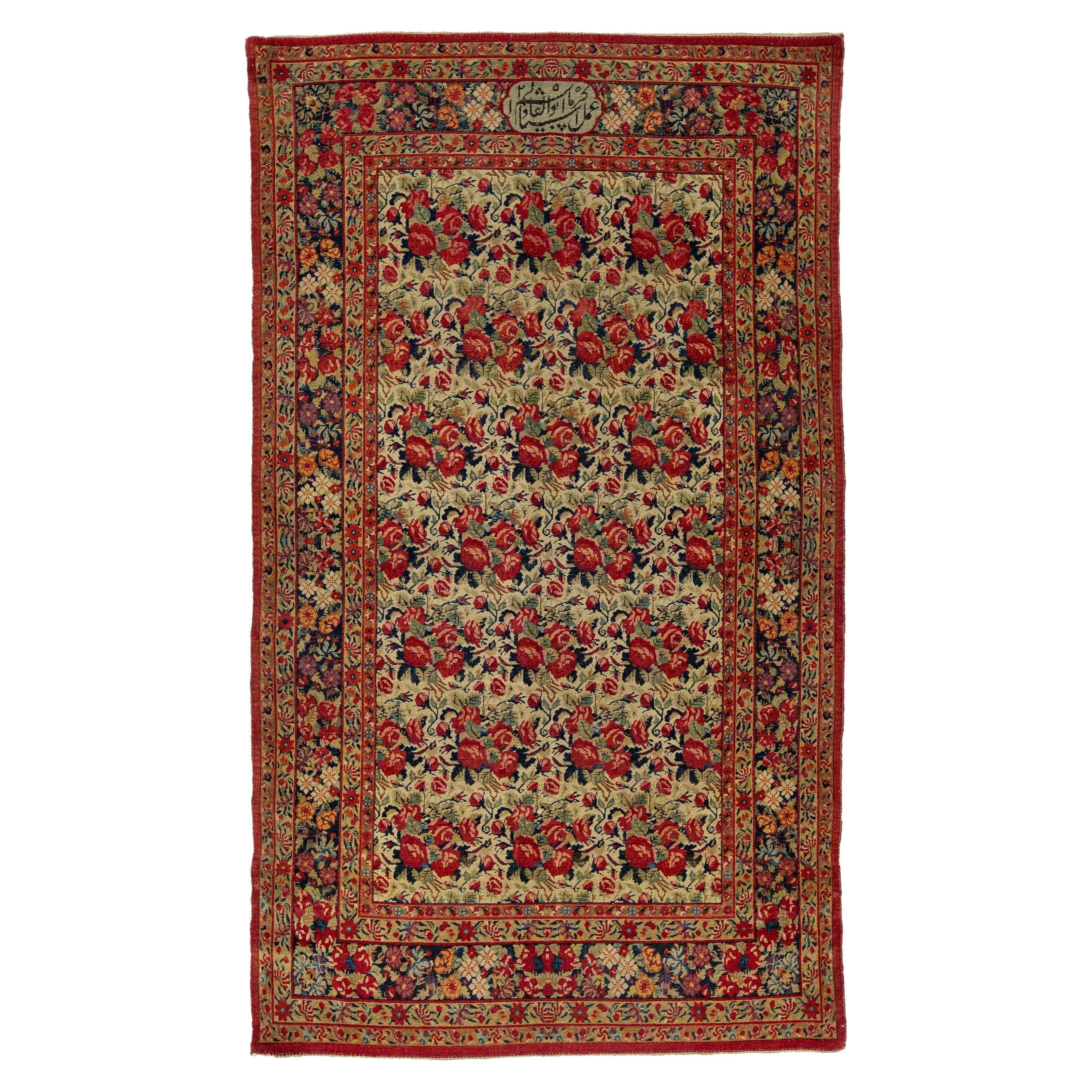 Floral Designed Antique Malayer Persian Wool Rug In Beige