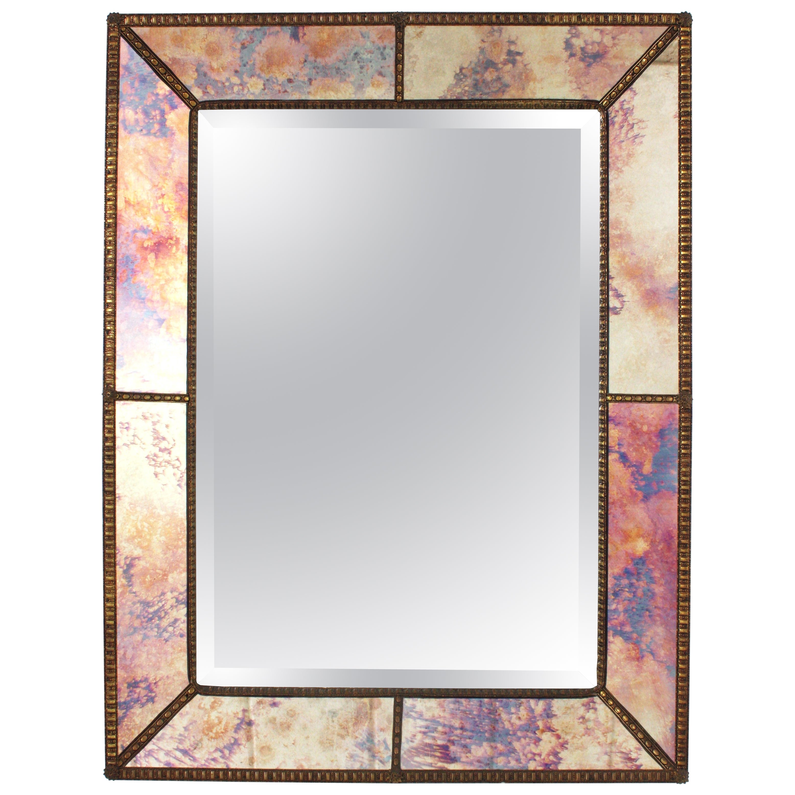 Venetian Modern Rectangular Mirror, Pink Purple Gold Blue Glass and Brass