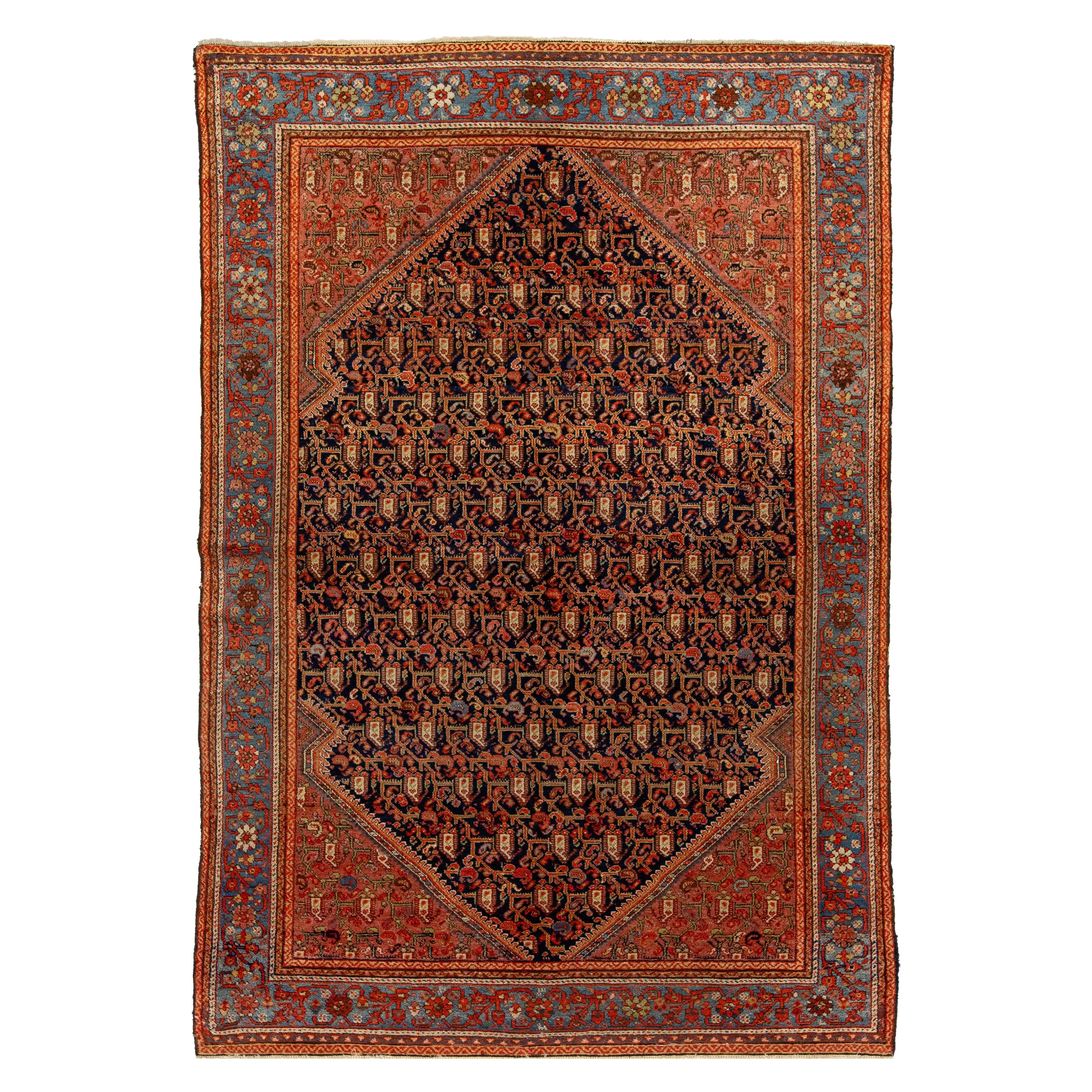 Tapis persan Malayer ancien en laine bleue avec motif rouille sur toute sa surface