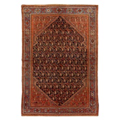 Tappeto in lana blu antico Malayer Persian Scatter con disegno a trifoglio color ruggine