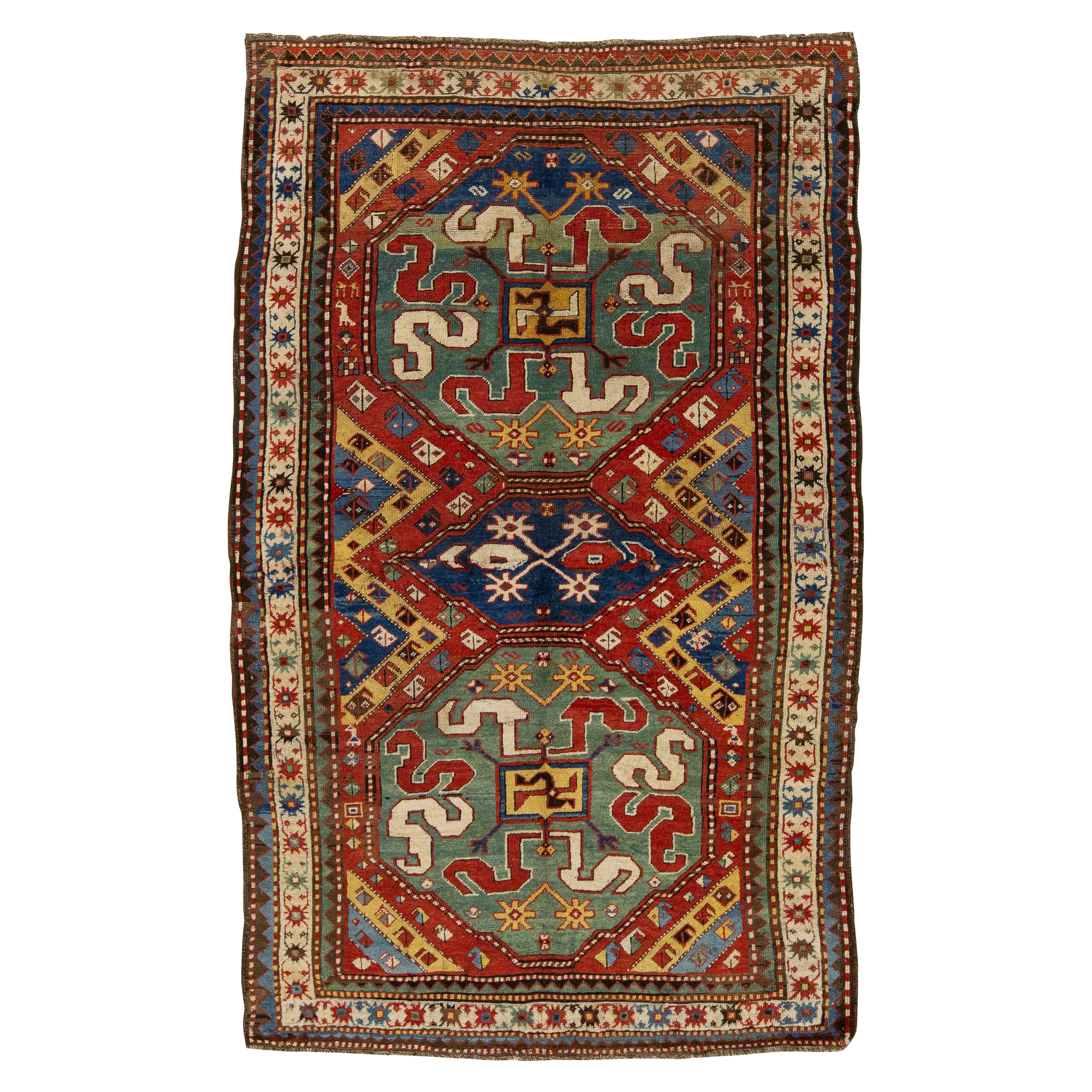 Roter Kazak-Kaukasischer Vintage-Wollteppich aus Kaukasischer Wolle mit mehrfarbigem Stammesmuster