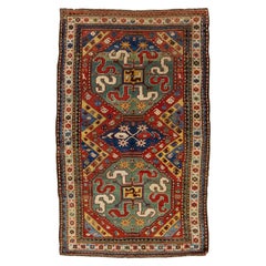 Alfombra Roja Vintage Kazak Caucásica De Lana Con Diseño Tribal Multicolor