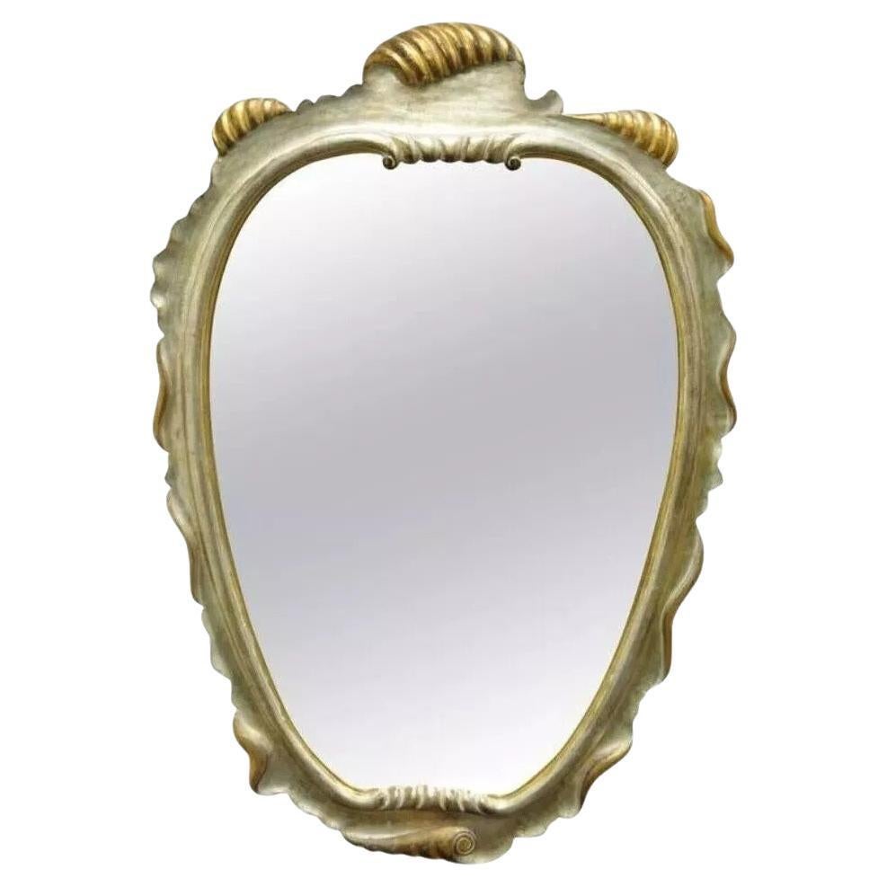 Italian Hollywood Regency Gold and Silver Giltwood Scroll Carved Wall Mirror