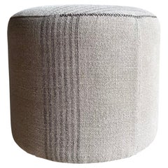 Bailey Round Stool in Linen Stripe with Hand Stitched Details and White Oak Legs