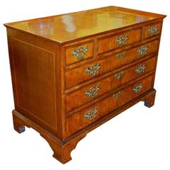 English Geo III Oyster Veneer Low Chest of Drawers, Queen Anne Revival