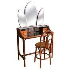 Vintage Mid-Century Vanity In With Brass Details And Side-Panel Mirrors