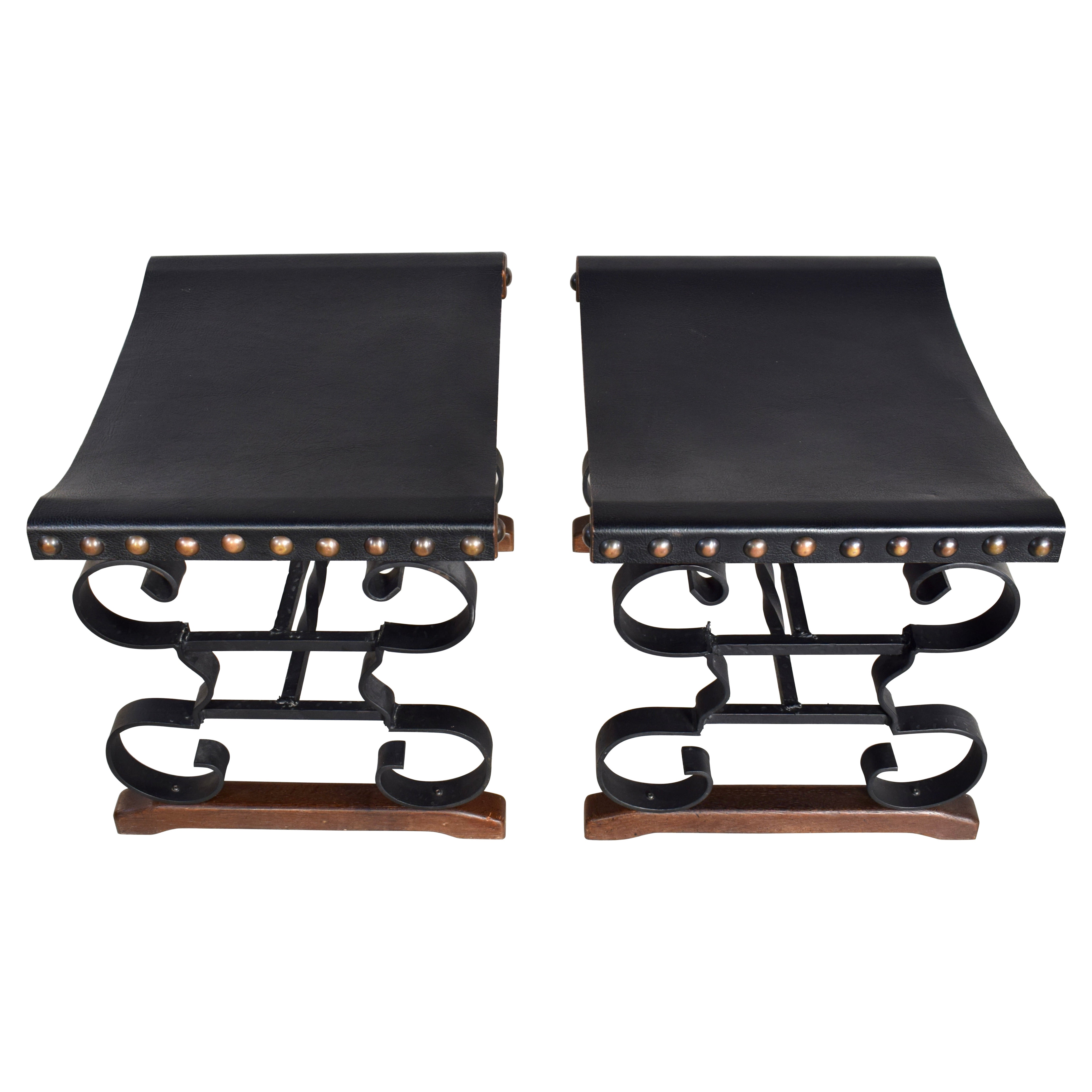Mid 20th C. Spanish Iron & Leather Bench Stools