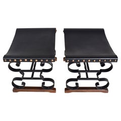 Mid 20th C. Spanish Iron & Leather Bench Stools
