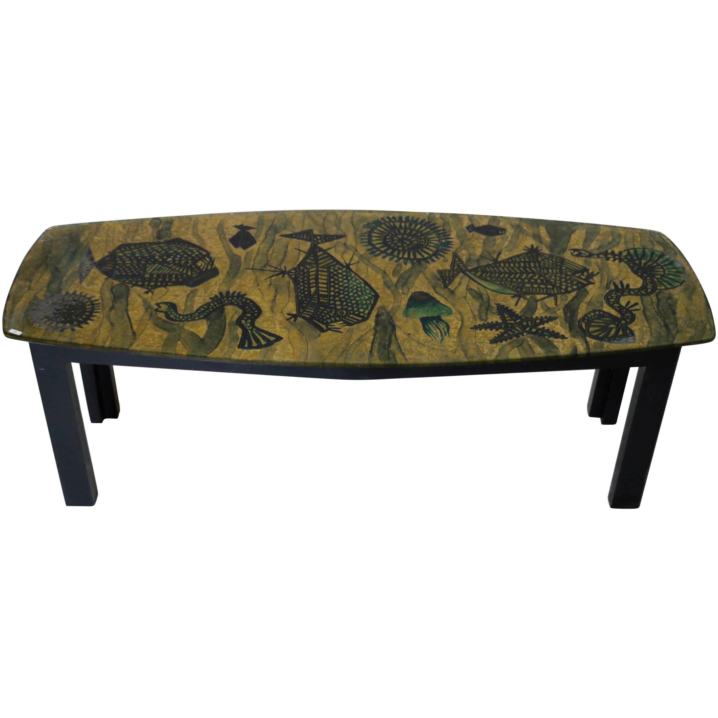 1960s Coffee Table in Wood and Glass with a Seabed Pattern For Sale