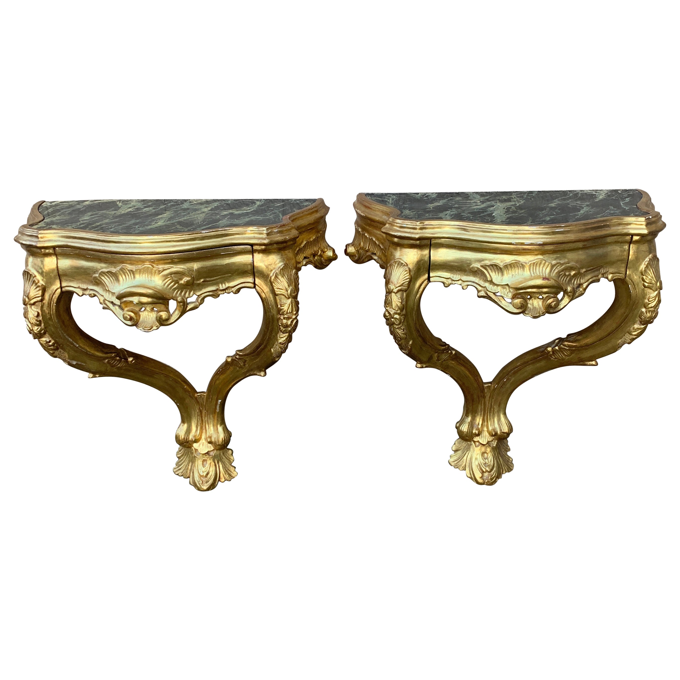 Louis XV Giltwood and Faux Marble Wall Mounted Bedside Tables, Pair