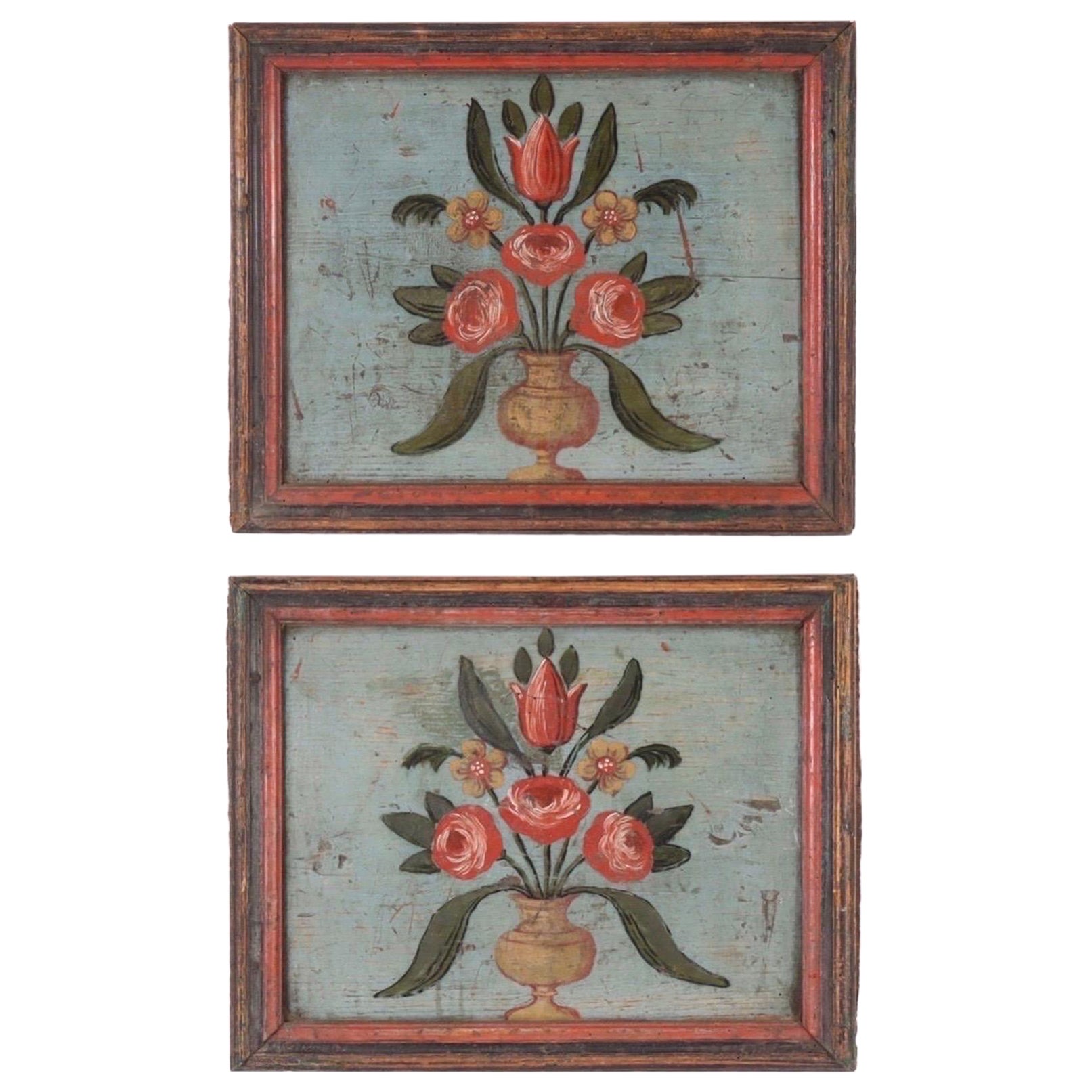 Pair of Polychromed Framed Wood Panels with Flower Filled Urns Boiserie Panels For Sale