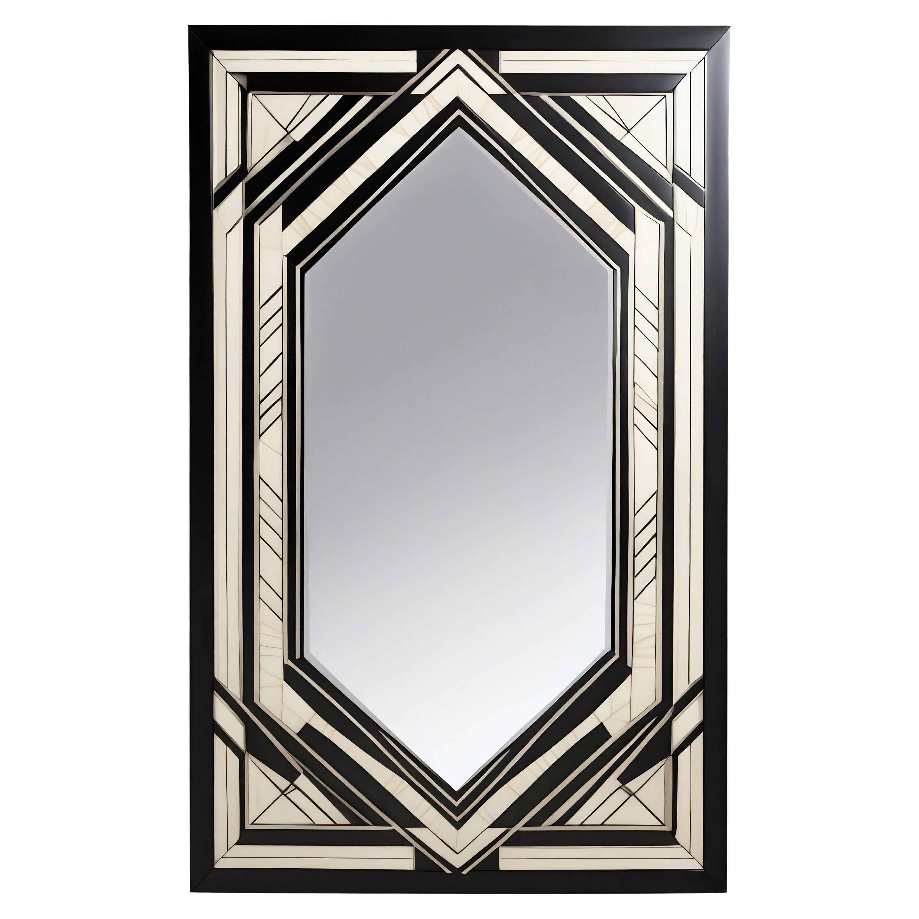 Espejo de Pared Blanco y Negro Inspirado en el Art Deco, Hecho a Mano por Artesanos