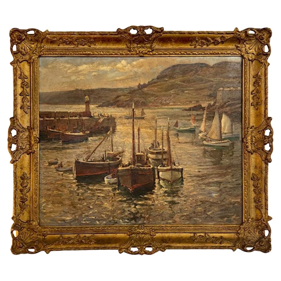 Pintura holandesa al óleo sobre lienzo del siglo XIX de un puerto