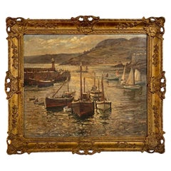 Pintura holandesa al óleo sobre lienzo del siglo XIX de un puerto