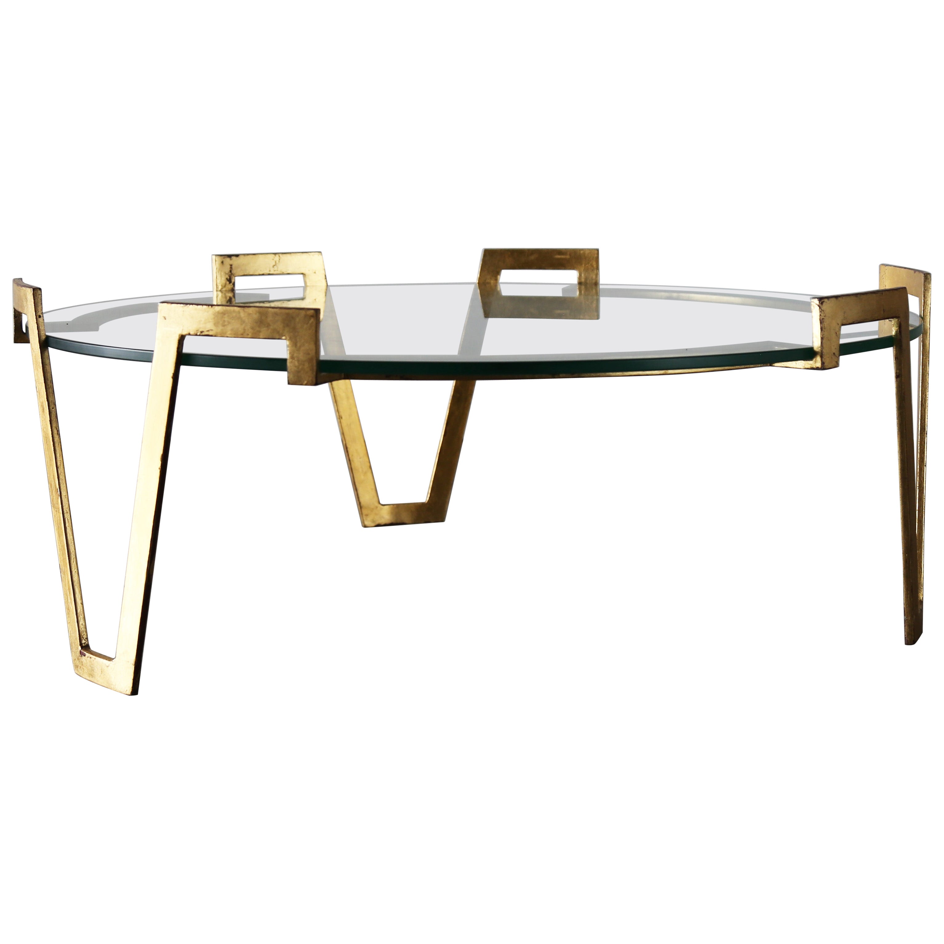 Niedriger Couchtisch „Val D'OR“ aus vergoldetem Metall und Glas, Französisch Vintage im Angebot