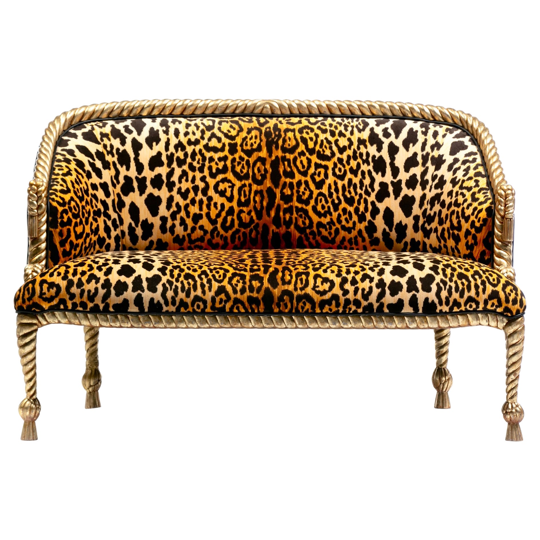 Hollywood Regency Napoleon III Style Gilt Rope & Tassel Settee in Leopard Velvet
