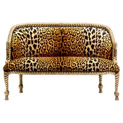 Vintage Hollywood Regency Napoleon III Style Gilt Rope & Tassel Settee in Leopard Velvet