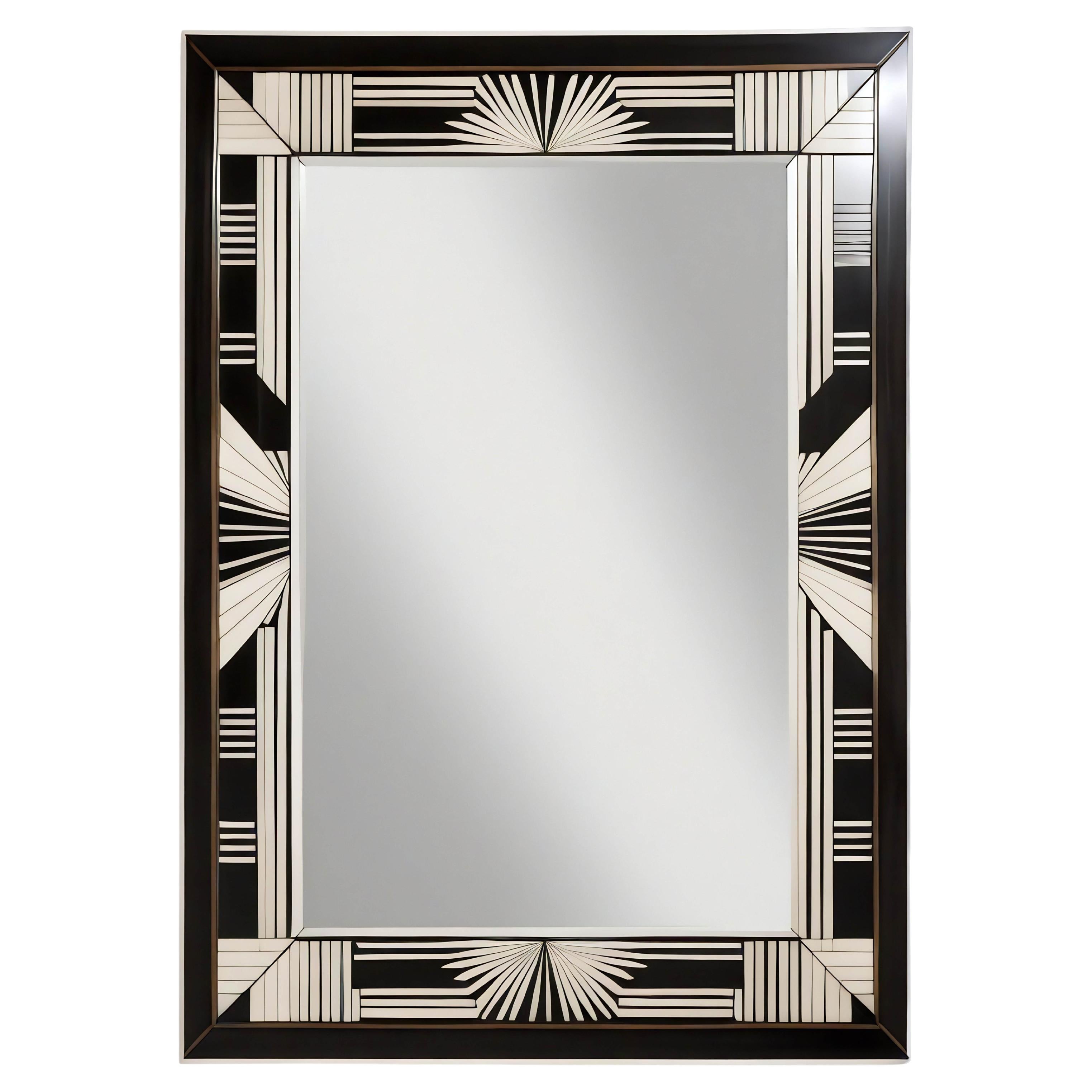 Espejo de Pared Blanco y Negro Inspirado en el Art Deco, Hecho a Mano por Artesanos
