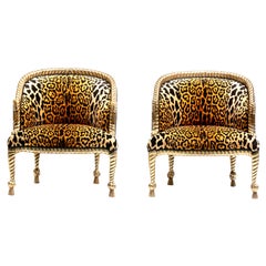 Hollywood Regency Napoleon III Style Gilt Rope & Tassel Chairs in Leopard Velvet