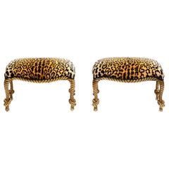 Hollywood Regency Napoleon III Style Gilt Rope & Tassel Ottomans in Leopard