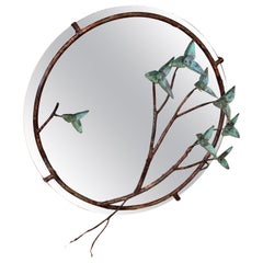 Miroir mural botanique sculpté en cuivre et vert-de-gris, moderne du milieu du siècle dernier