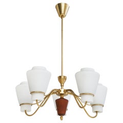 Swedish Designer, Chandelier, Brass, Glass, Teak, Sweden, 1950s
