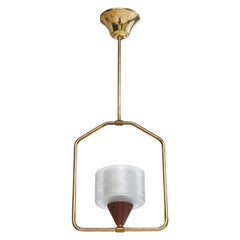 Swedish Designer, Pendant Light, Brass, Teak, Glass, Sweden, 1950s