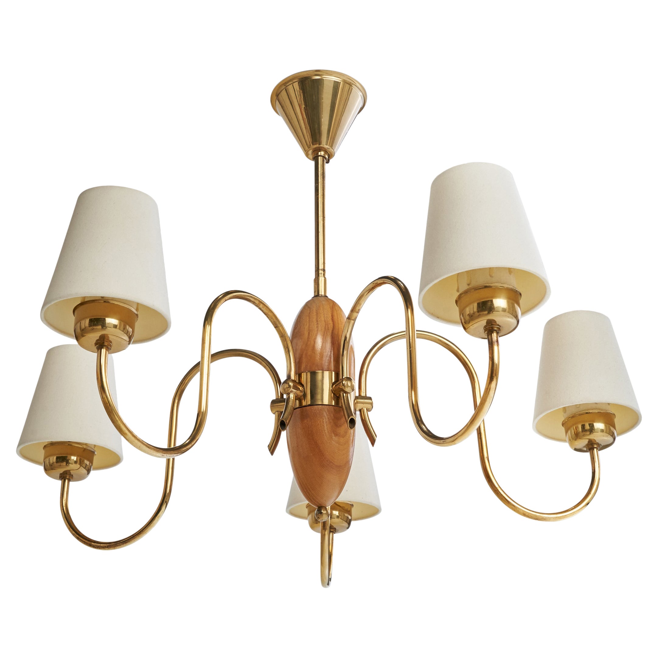 Lampadario di design svedese, ottone, Oak, tessuto, Svezia, anni '40