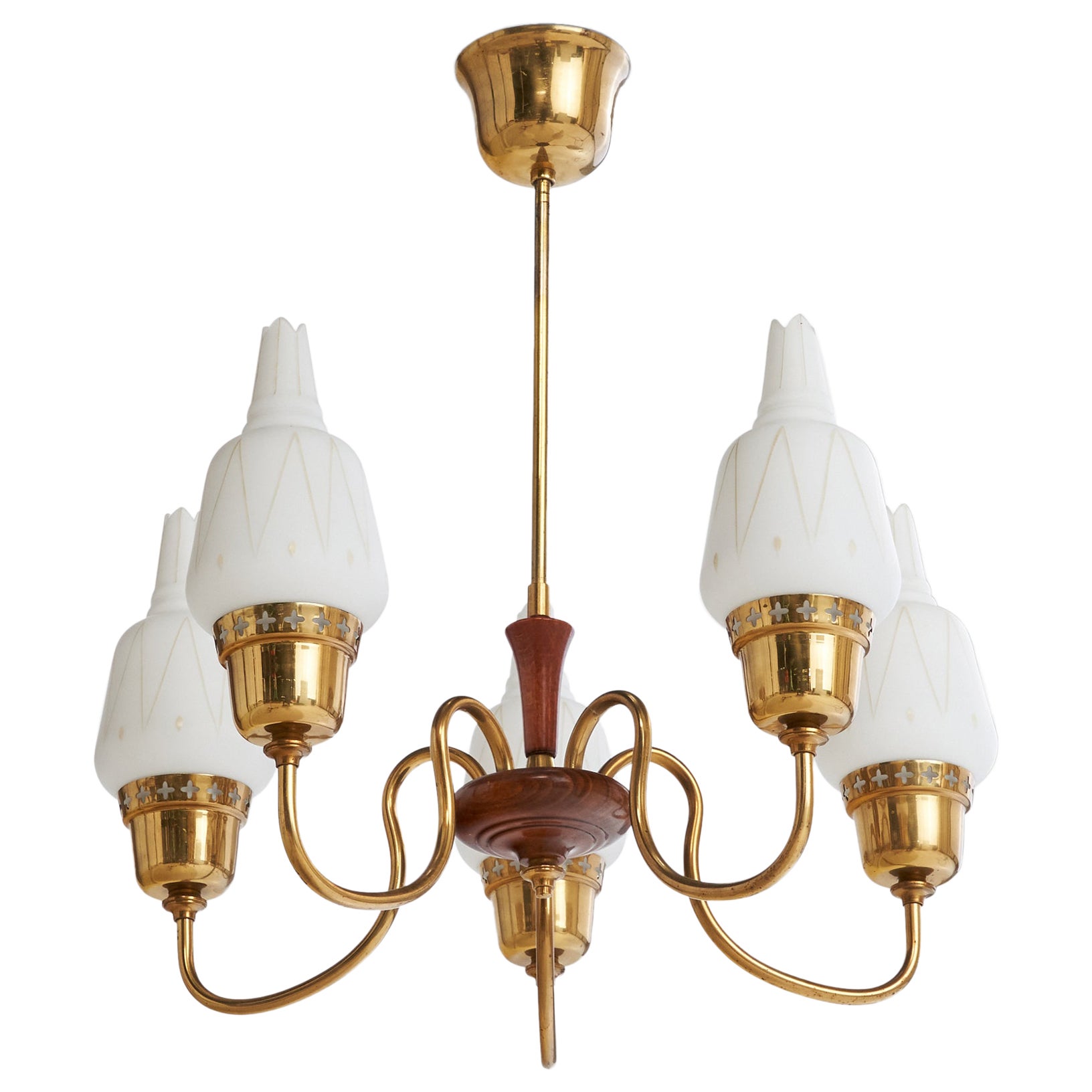 Designer suédois, lustre, laiton, bois, verre, Suède, années 1950