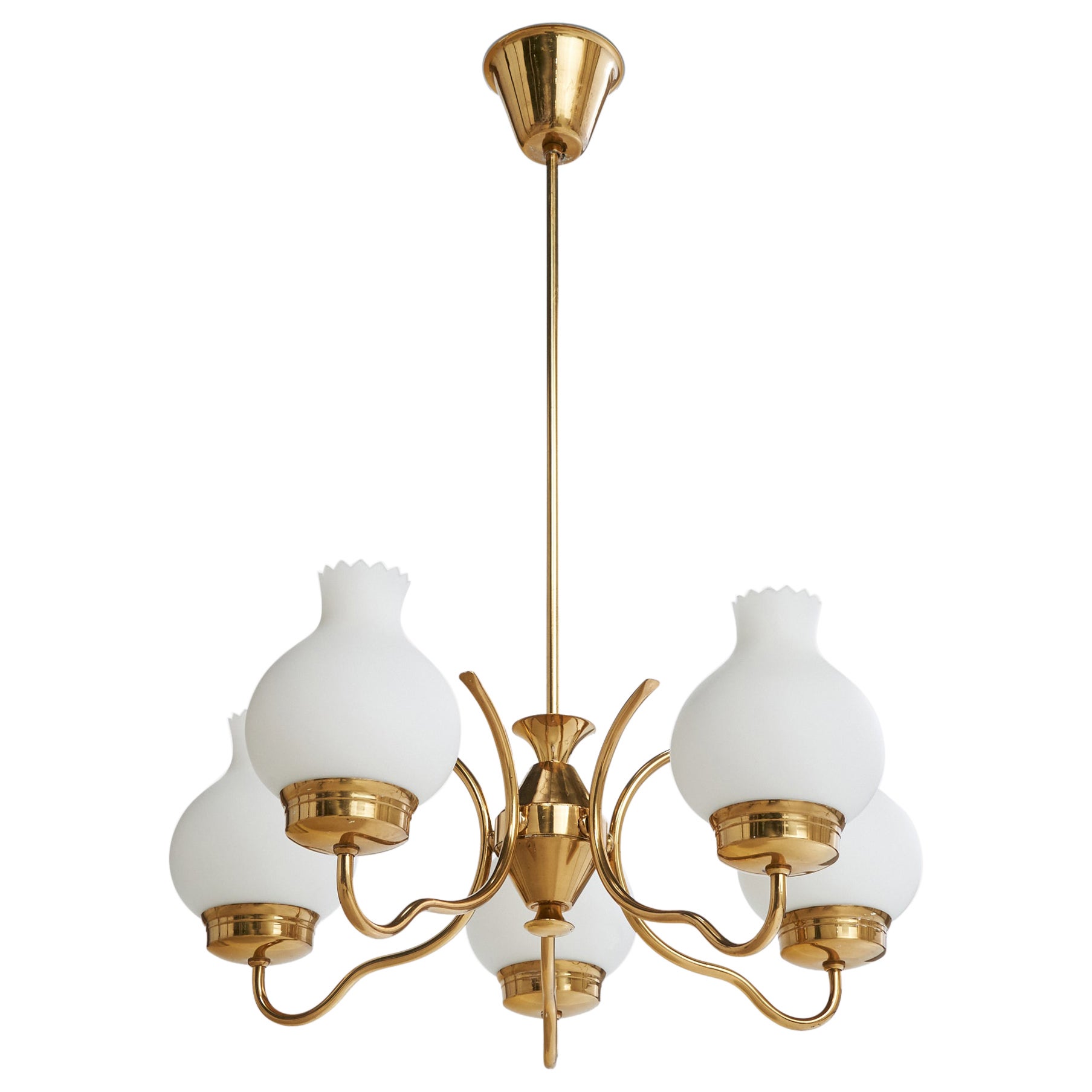 Swedish Designer, Chandelier, Brass, Glass, Sweden, 1950s