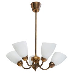 Swedish Designer, Chandelier, Brass, Glass, Sweden, 1940s