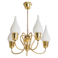Swedish Designer, Chandelier, Brass, Glass, Sweden, 1950s