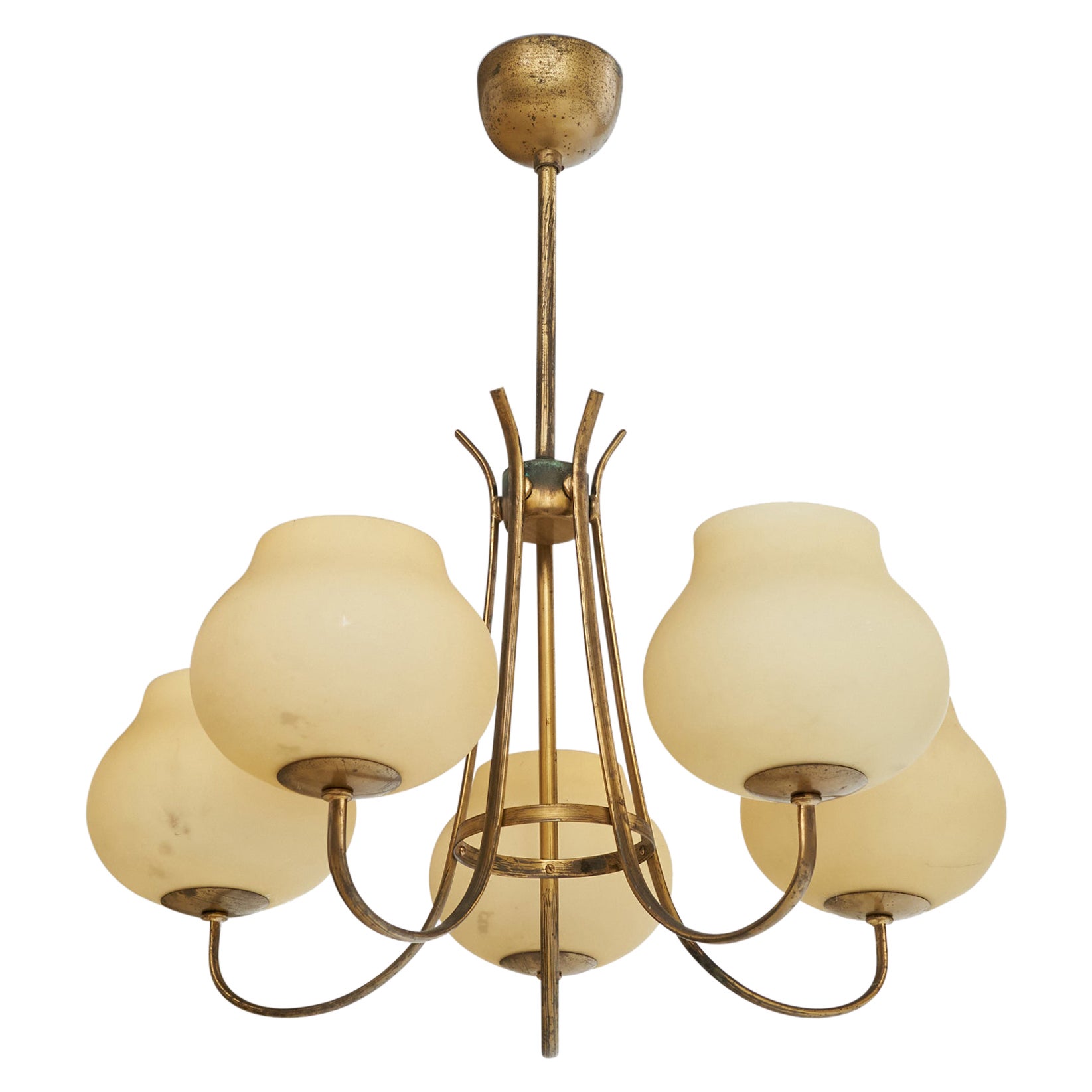 Swedish Designer, Chandelier, Brass, Glass, Sweden, 1940s
