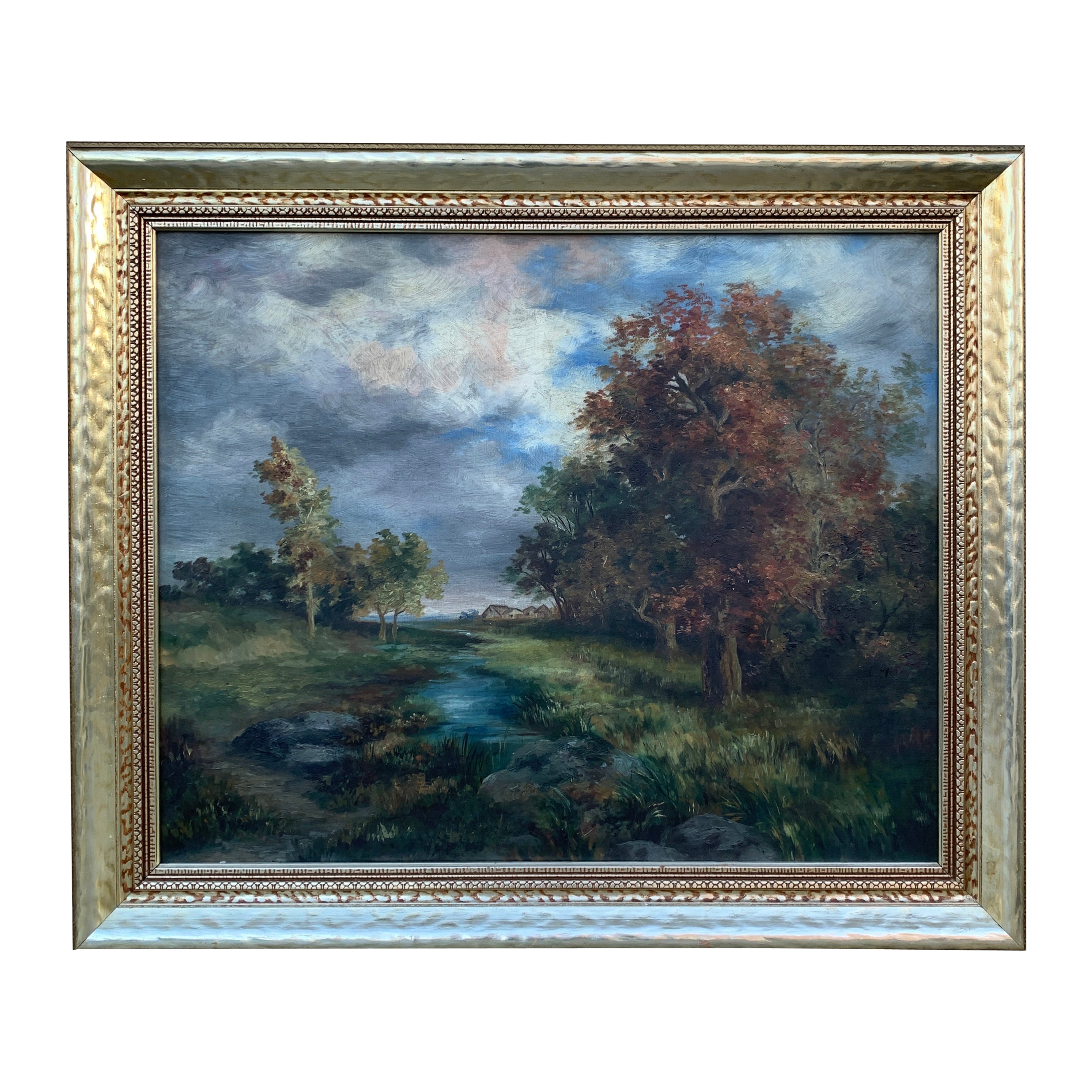 Antique Hand Painted Framed Oil on Canvas Landscape Painting, Early 20th Century