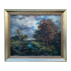 Antico dipinto a mano incorniciato con olio su tela, pittura di paesaggio, inizio XX secolo