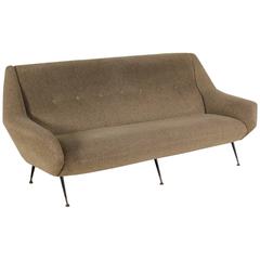 1950s Three-Seat Sofa Foam Padding Fabric Upholstery Metal Legs Brass Tips