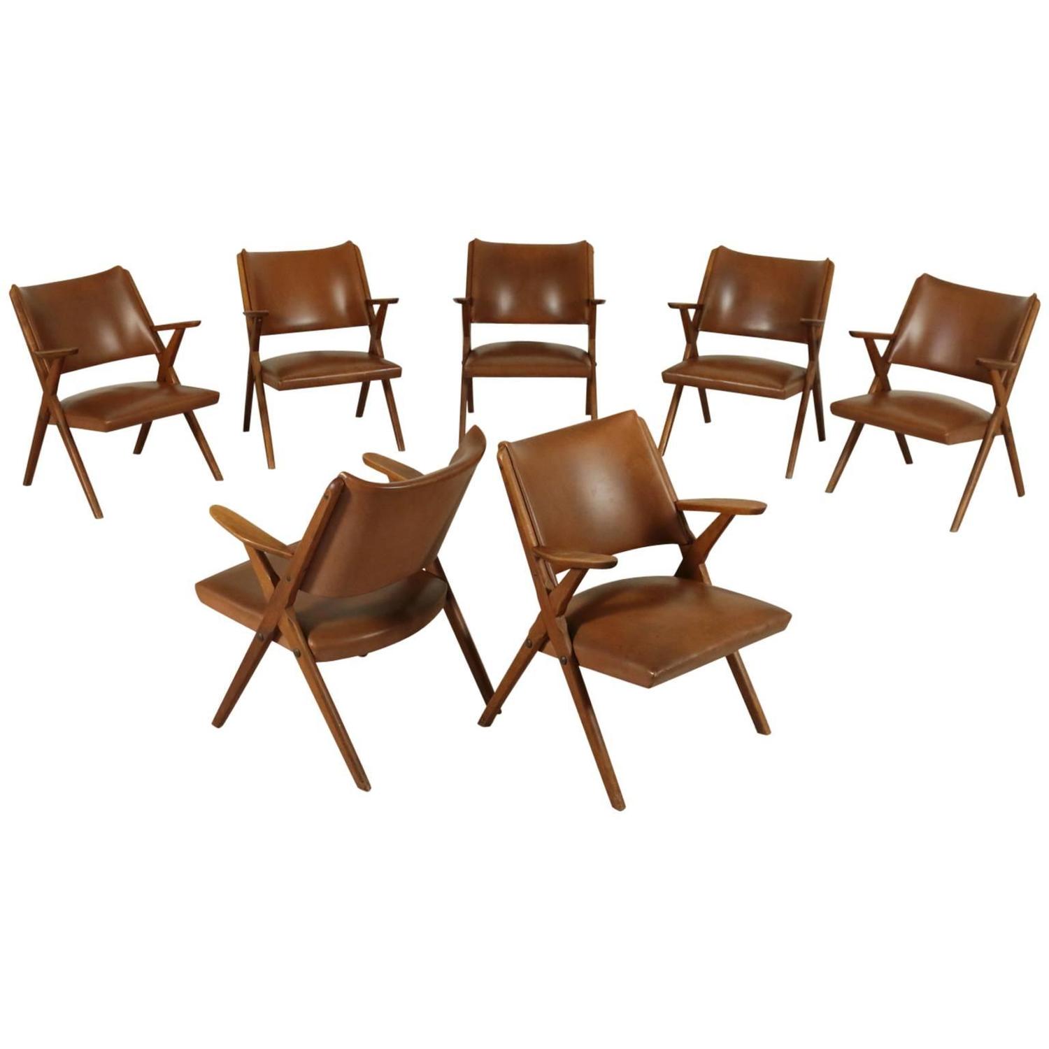 Seven Chairs Stained Beech Wood Foam Padding Leatherette Upholstery at