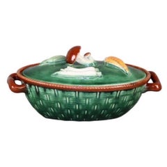 Vintage Belgium Majolica Ceramic Covered Game Dish Casserole  - Mushroom Motif