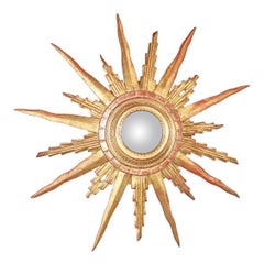 Vintage French Giltwood Sunburst Starburst Mirror with Convex Glass