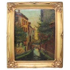 Pittura a olio su tela d'epoca con scena del canale di Venezia e cornice in legno dorato