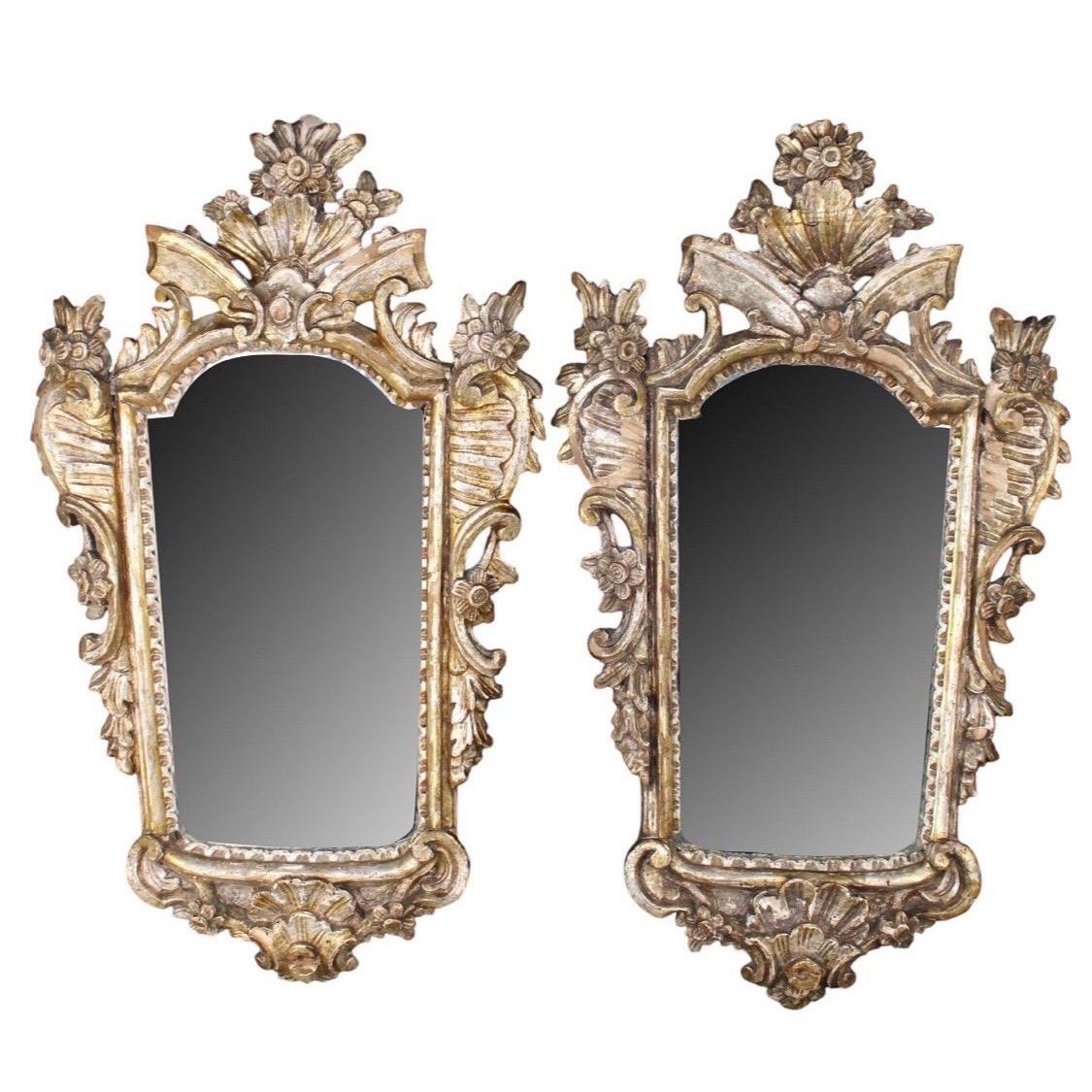 19th Century Pair of Italian Rococo Champaigne Silvered Giltwood Mirrors