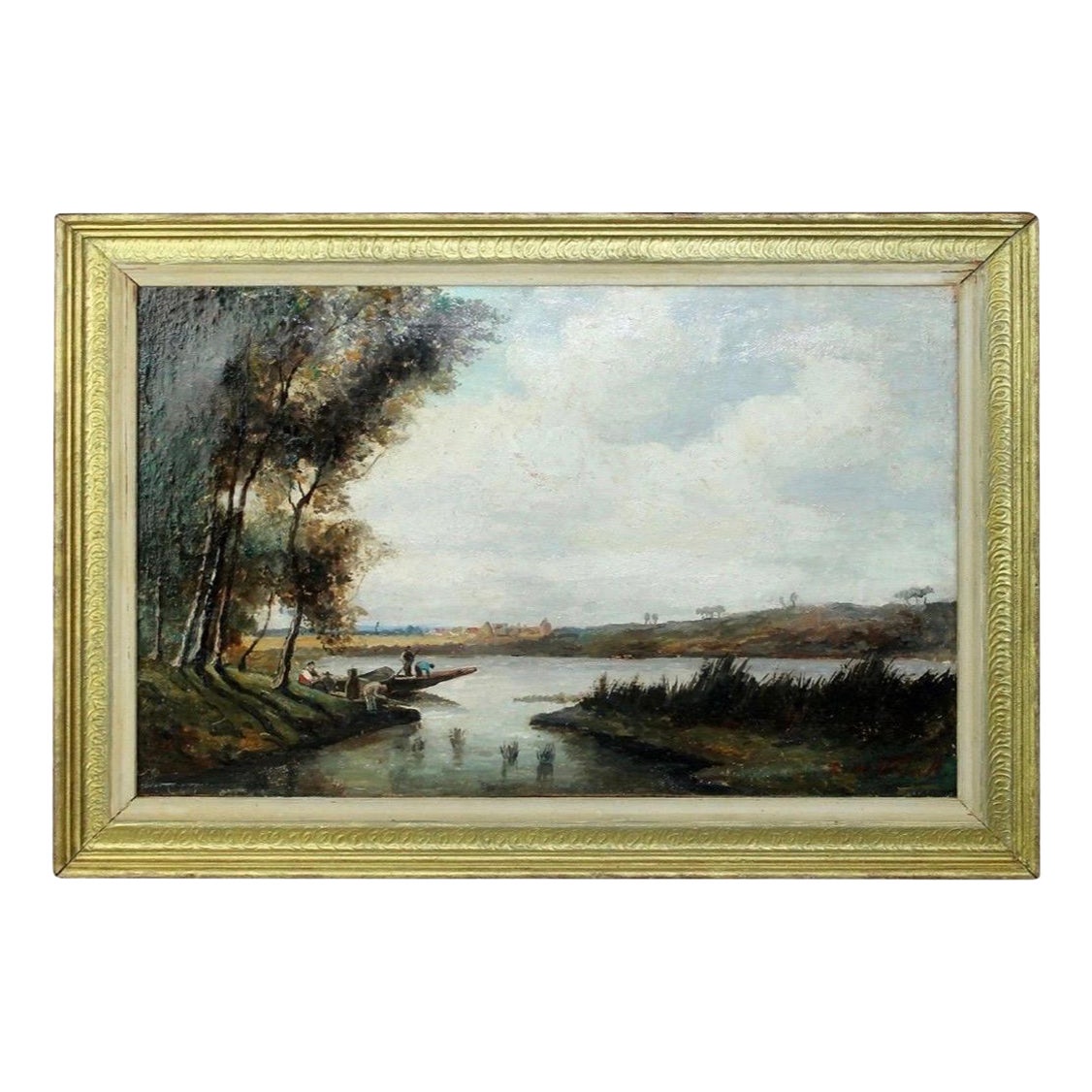 Antique French Pintura al óleo sobre lienzo Paisaje sobre el agua