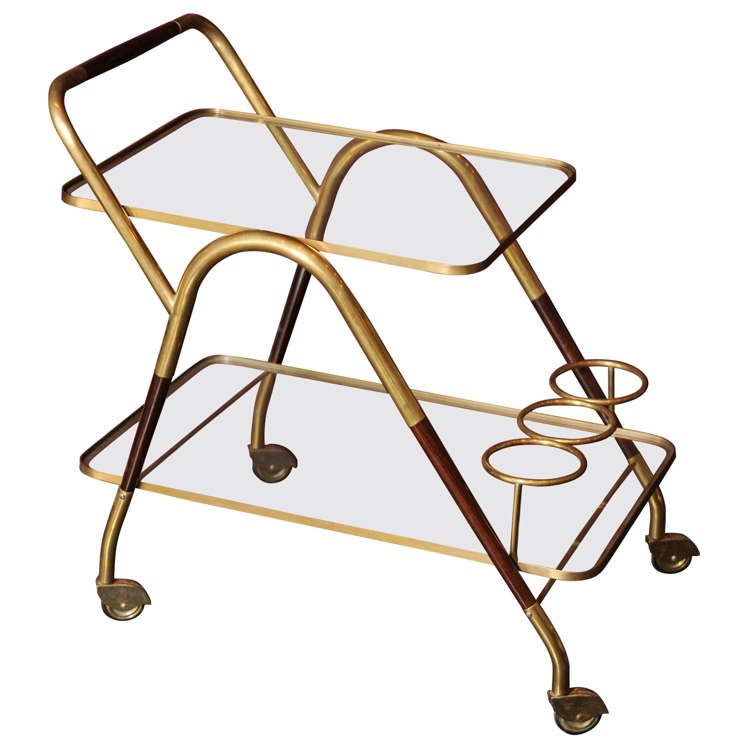 1950s Italian "Hollywood Regency" Brass and Wooden Bar Cart by Cesare Lacca
