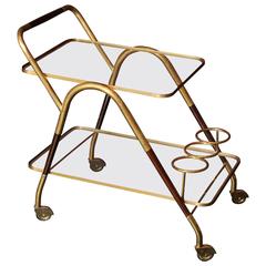 1950s Italian "Hollywood Regency" Brass and Wooden Bar Cart by Cesare Lacca
