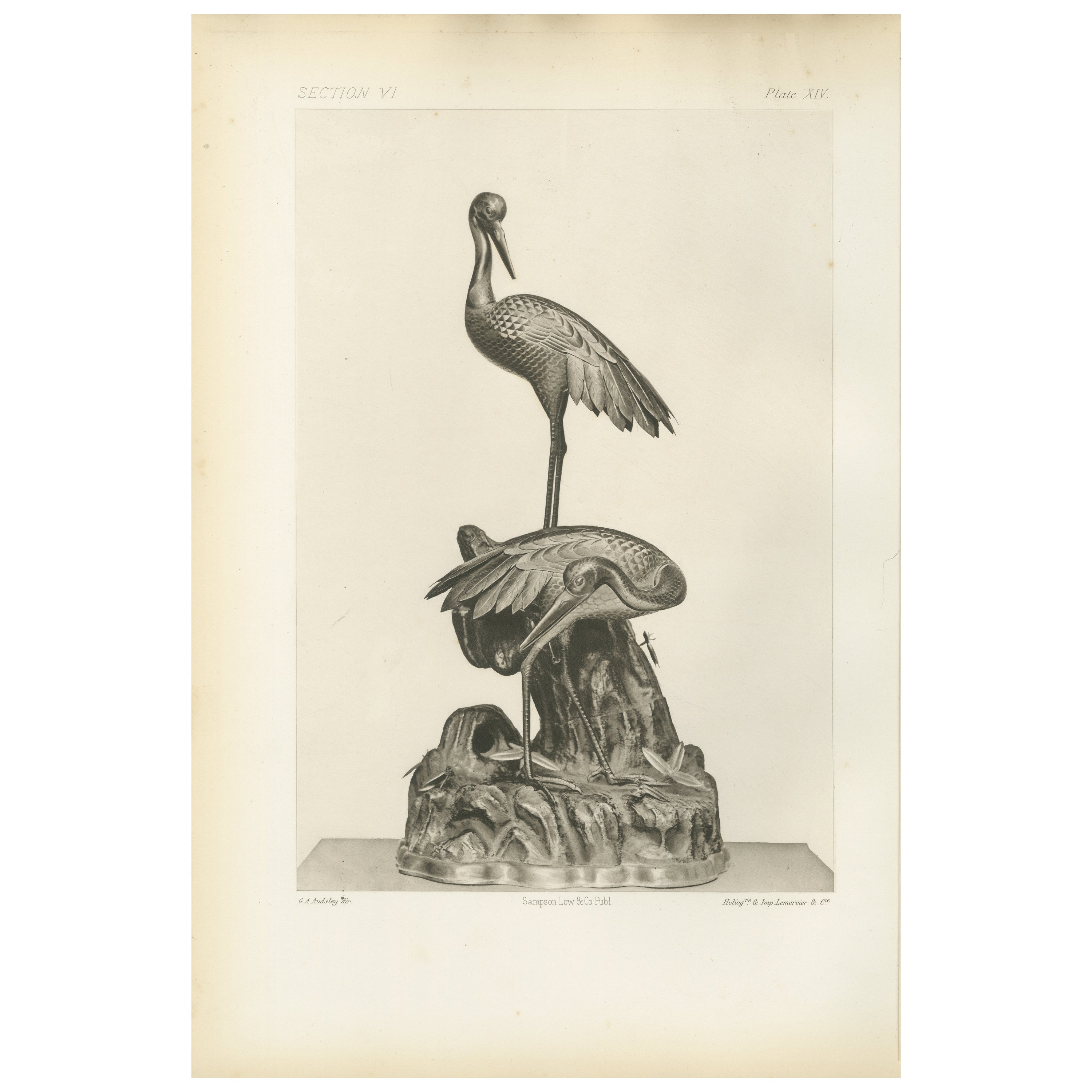 Elegant Cranes on Ornamental Base – Heliographic Japanese Art by Audsley, 1884